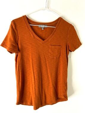 Marled Essentials Copper Orange V Neck Knit Pocket Tee Stretch Cotton Blend Top
